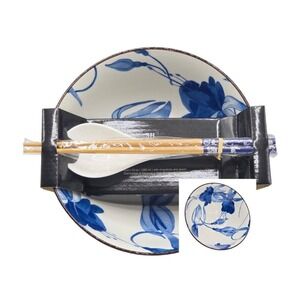 SH Home Blue Fuchsia Floral Ceramic Ramen Noodle Bowl Set 43oz Chopsticks Spoon